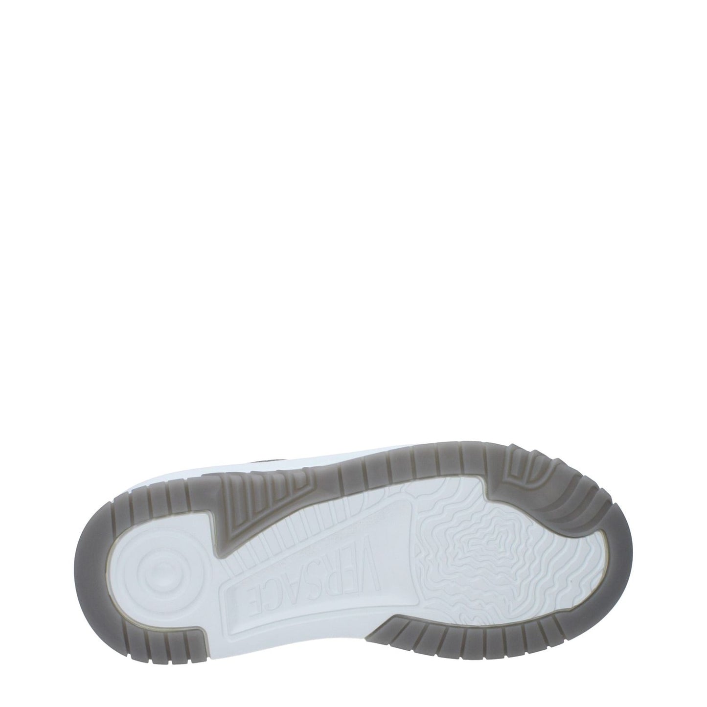 Sole view of Versace White Leather Chunky Sneakers with rubber sole and brand logo.