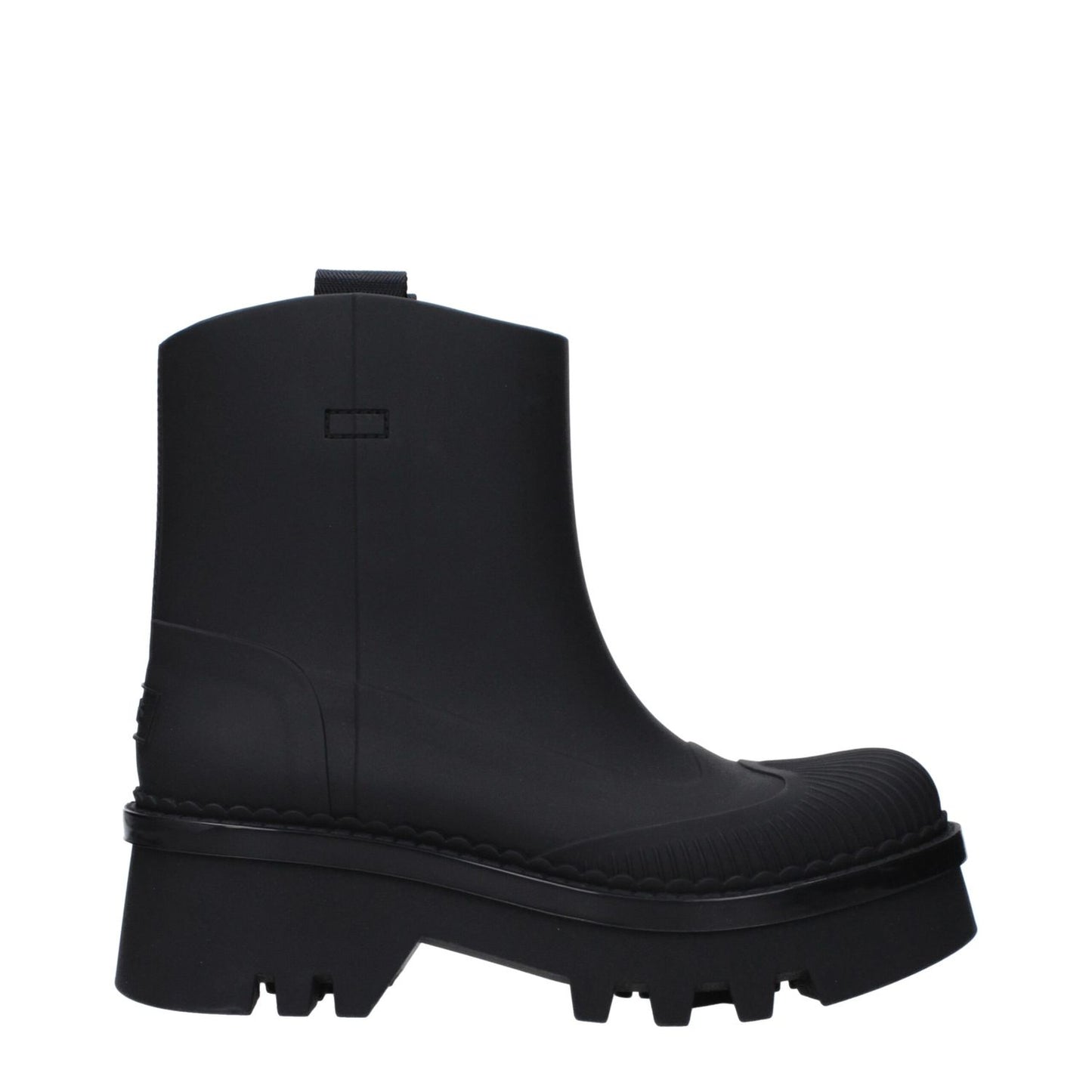 Chloé Black Cotton Ankle Boots with rubber sole and mid heels, featuring a back logo and round toe design.
