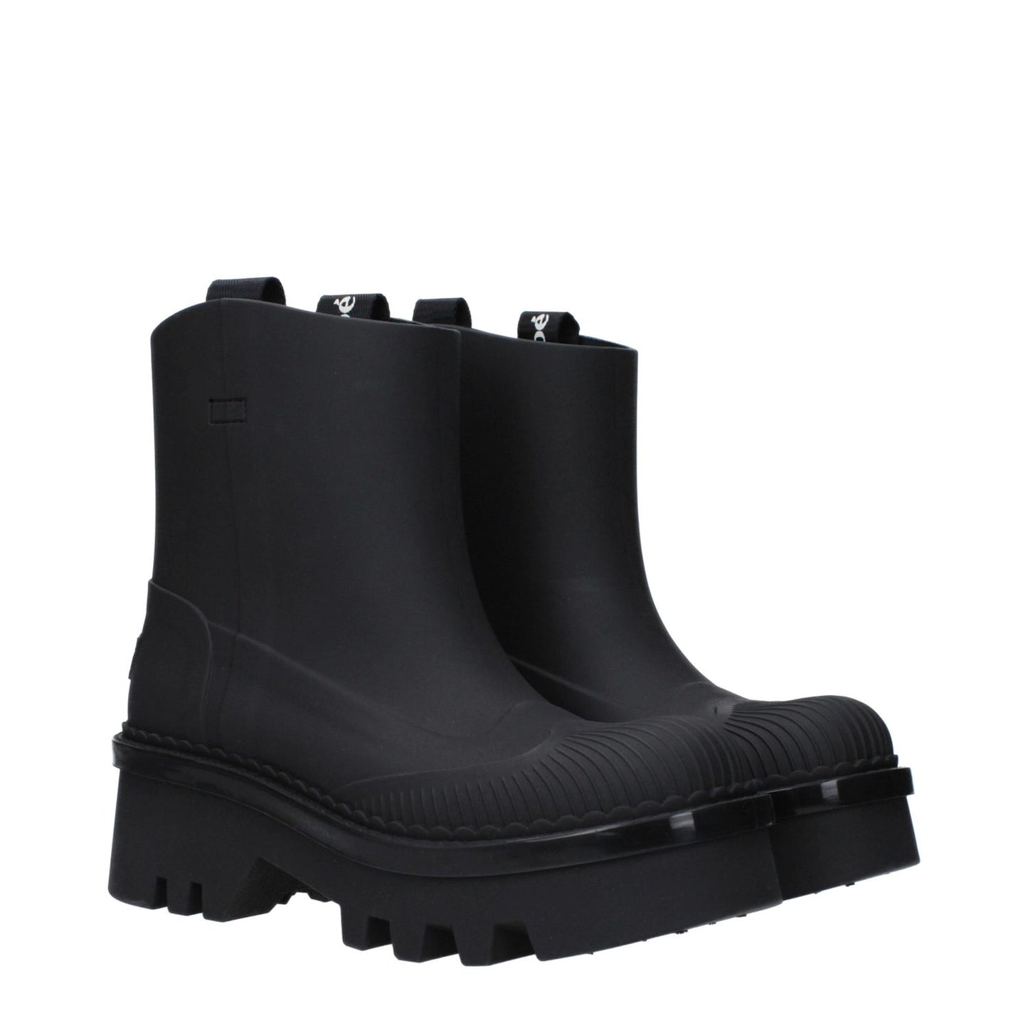 Chloé Black Cotton Ankle Boots with rubber sole, mid heels, round toe, and back logo. Stylish streetwear footwear.
