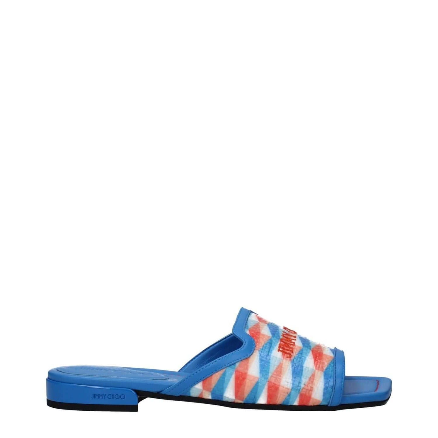 Jimmy Choo Light Blue Fabric Slippers with a colorful pattern, featuring an open toe, logo accent, and leather sole.