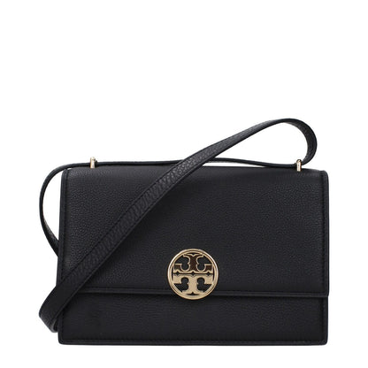 Tory Burch Black Leather Crossbody Bag with front logo, adjustable strap, and button closure, featuring medium size and gold accents.