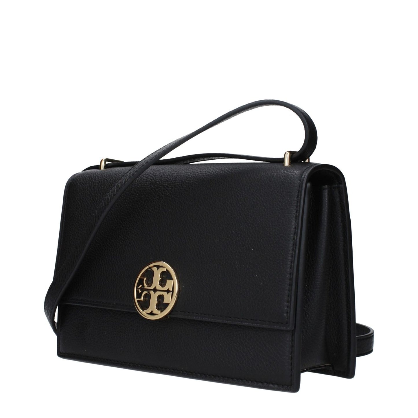 Tory Burch Black Leather Crossbody Bag with gold logo, adjustable and removable strap, medium size, button closure, and external pocket