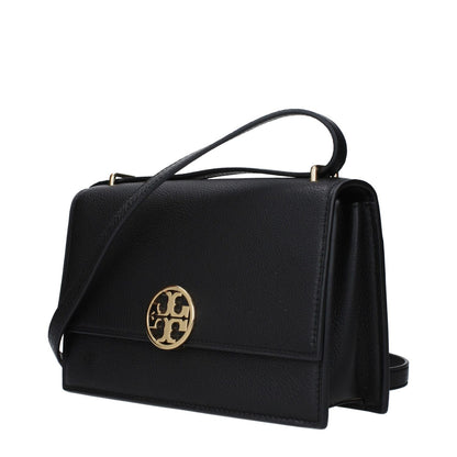 Tory Burch Black Leather Crossbody Bag with gold logo, adjustable and removable strap, medium size, button closure, and external pocket
