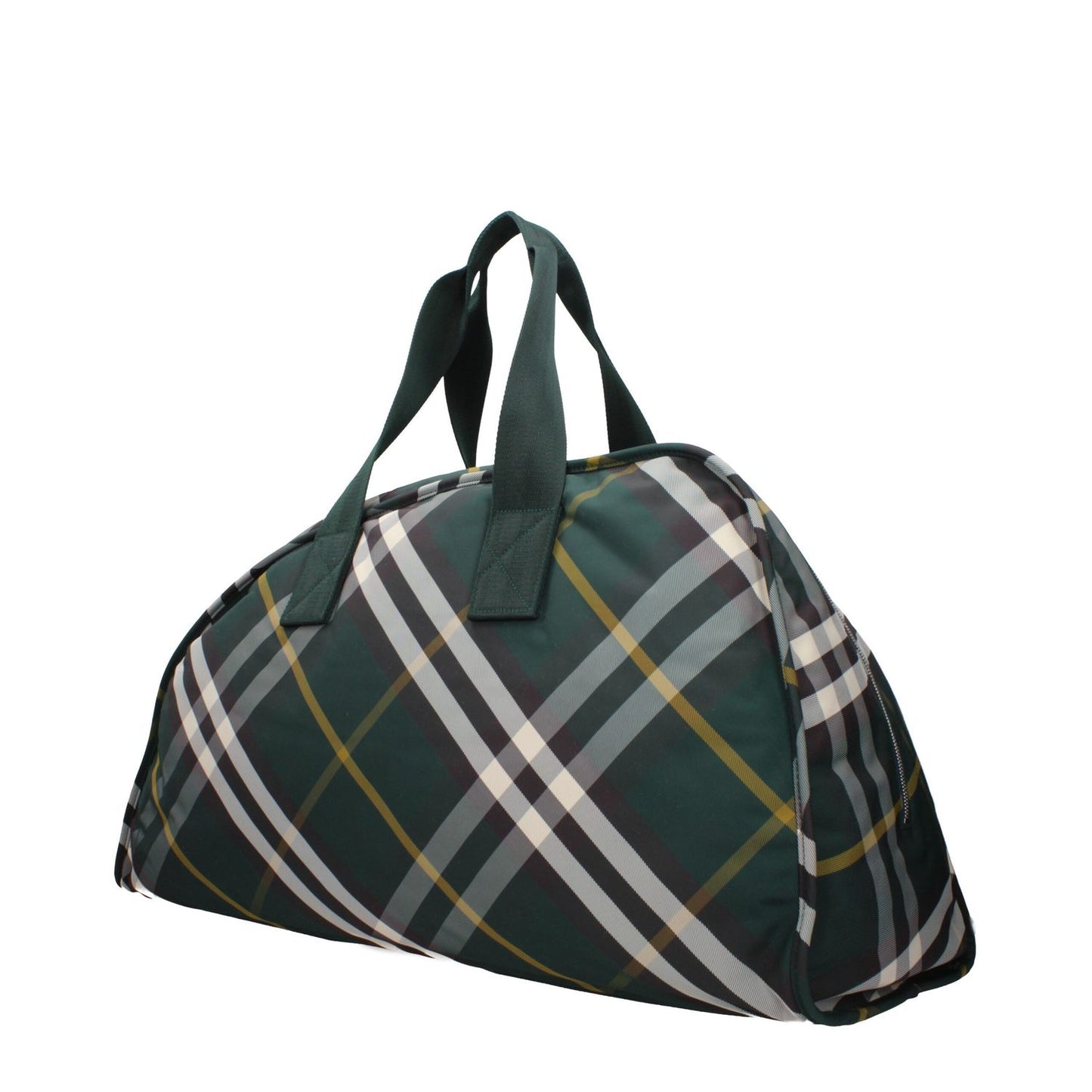 Burberry Green Fabric Luggage And Travel bag with check print, silver details, and zip closure, ideal for casual travel.