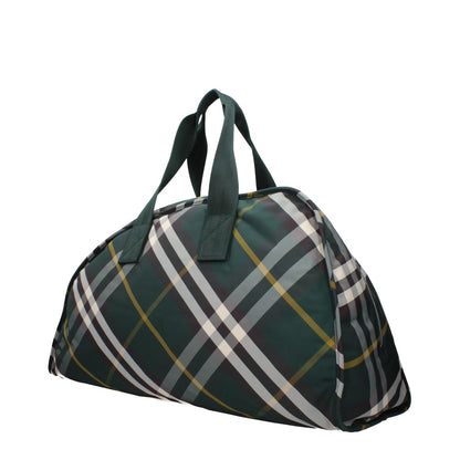 Burberry Green Fabric Luggage And Travel bag with check print, silver details, and zip closure, ideal for casual travel.