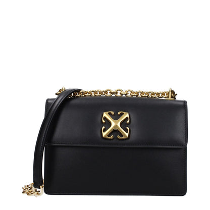 Off-White Black Leather Crossbody Bag with gold logo, vintage effect, turn lock closure, small size, and chain strap.