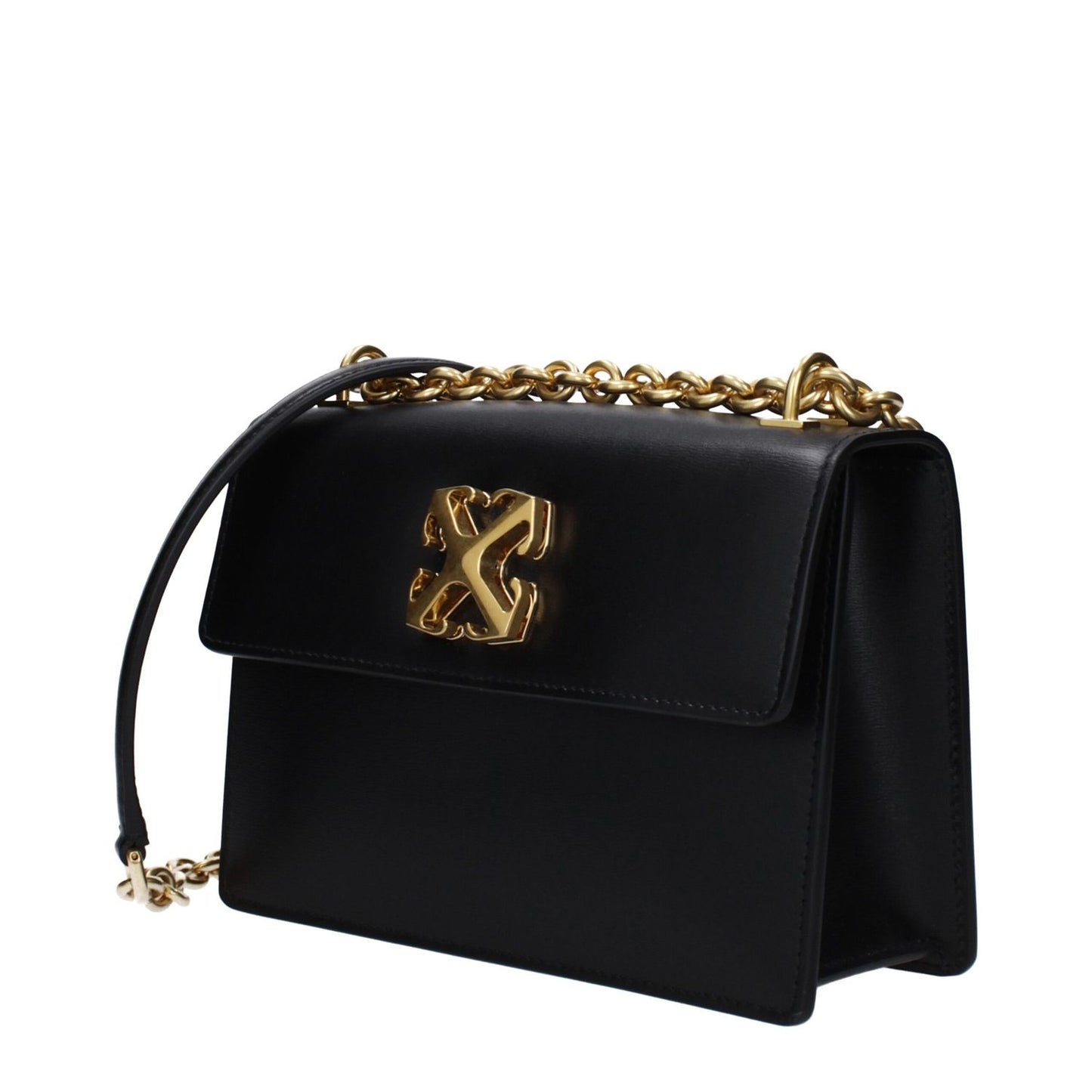 Off-White Black Leather Crossbody Bag with gold chain and turn lock closure, featuring vintage effect and small card holder.