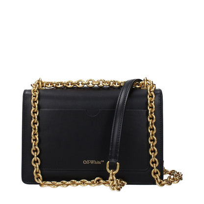 Off-White Black Leather Crossbody Bag with gold chain and logo, featuring vintage effect and turn lock closure.