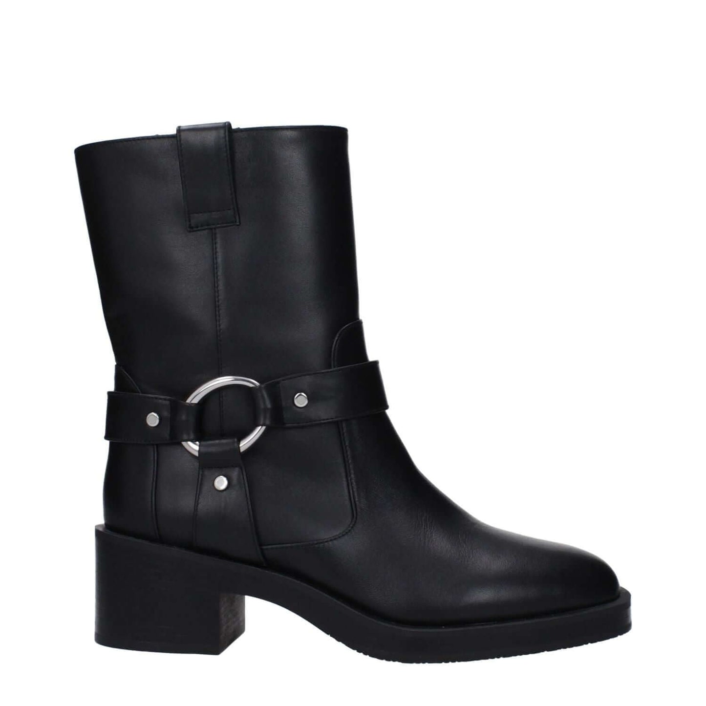 Stuart Weitzman Black Leather Ankle Boots with silver accents and mid heels, featuring rubber sole and round toe, casual style.