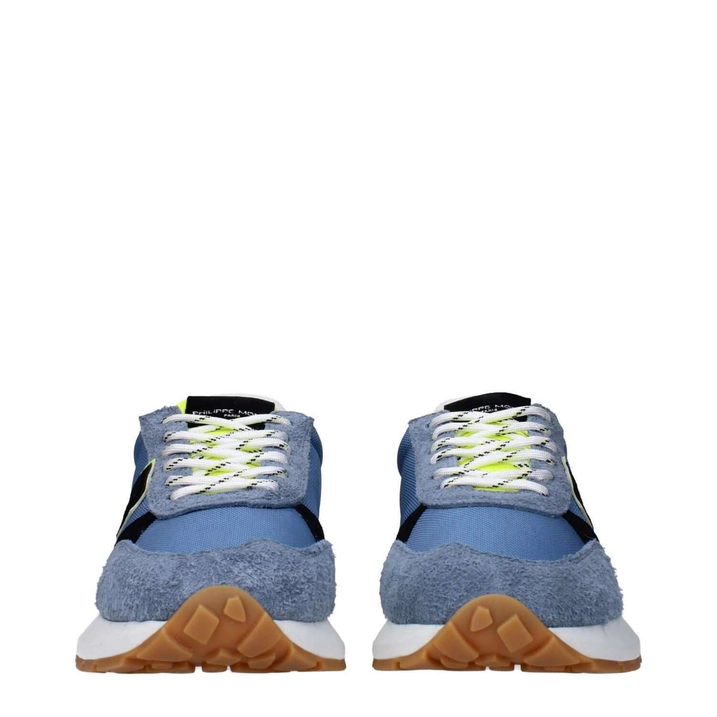 Front view of Philippe Model Blue Fabric Athletic Sneakers with vintage effect and logos, featuring blue fabric and lace-up design.