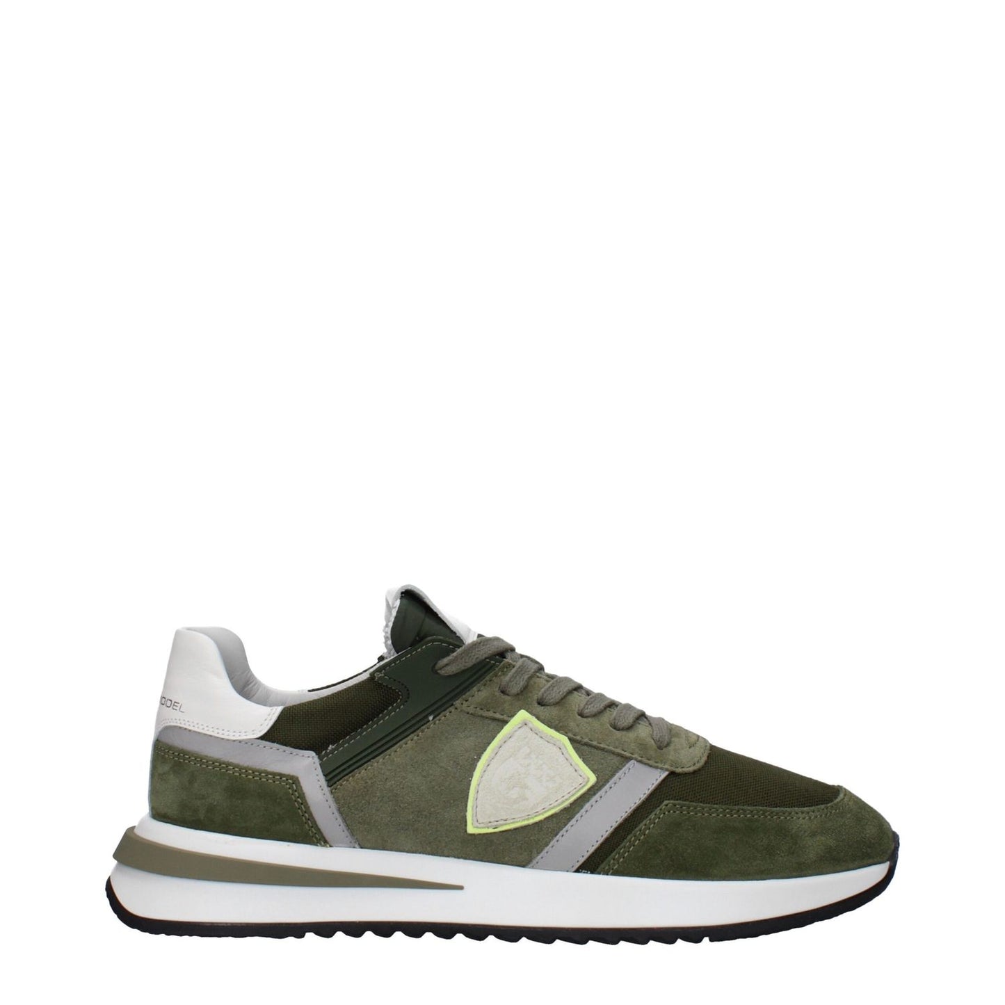 Philippe Model Green Leather Athletic Sneakers with suede details, logos on front and back, lace-up closure, rubber sole, and 4 cm heel.