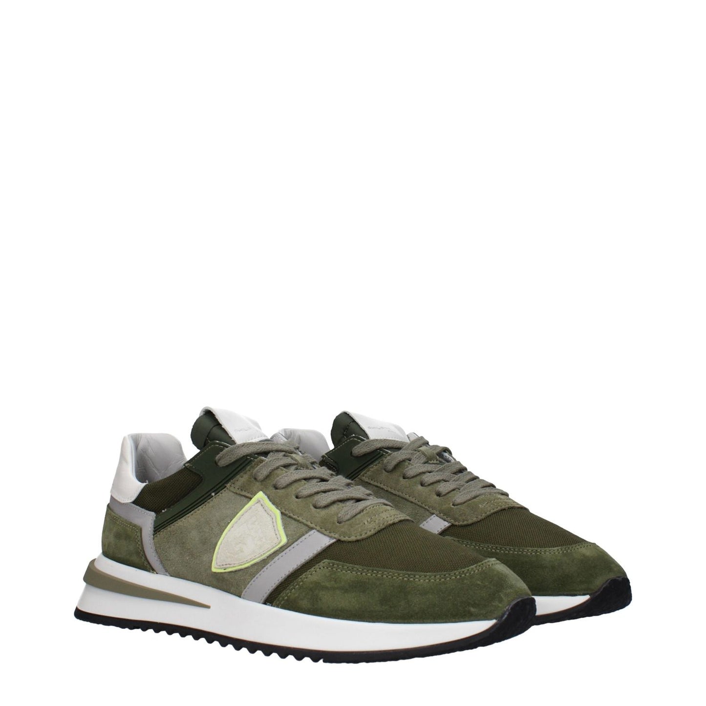Philippe Model Green Leather Athletic Sneakers with logos, green suede, lace-up closure, rubber sole, and 4 cm mid heels.