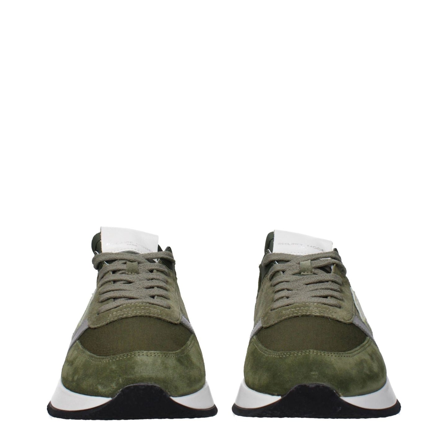 Philippe Model Green Leather Athletic Sneakers with lace-up closure, front and back logo, side detail, and a 4 cm mid heel.
