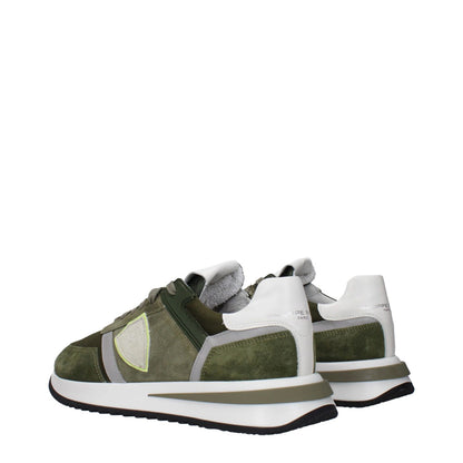 Philippe Model Green Leather Athletic Sneakers with suede details, military green accents, and round toe design.