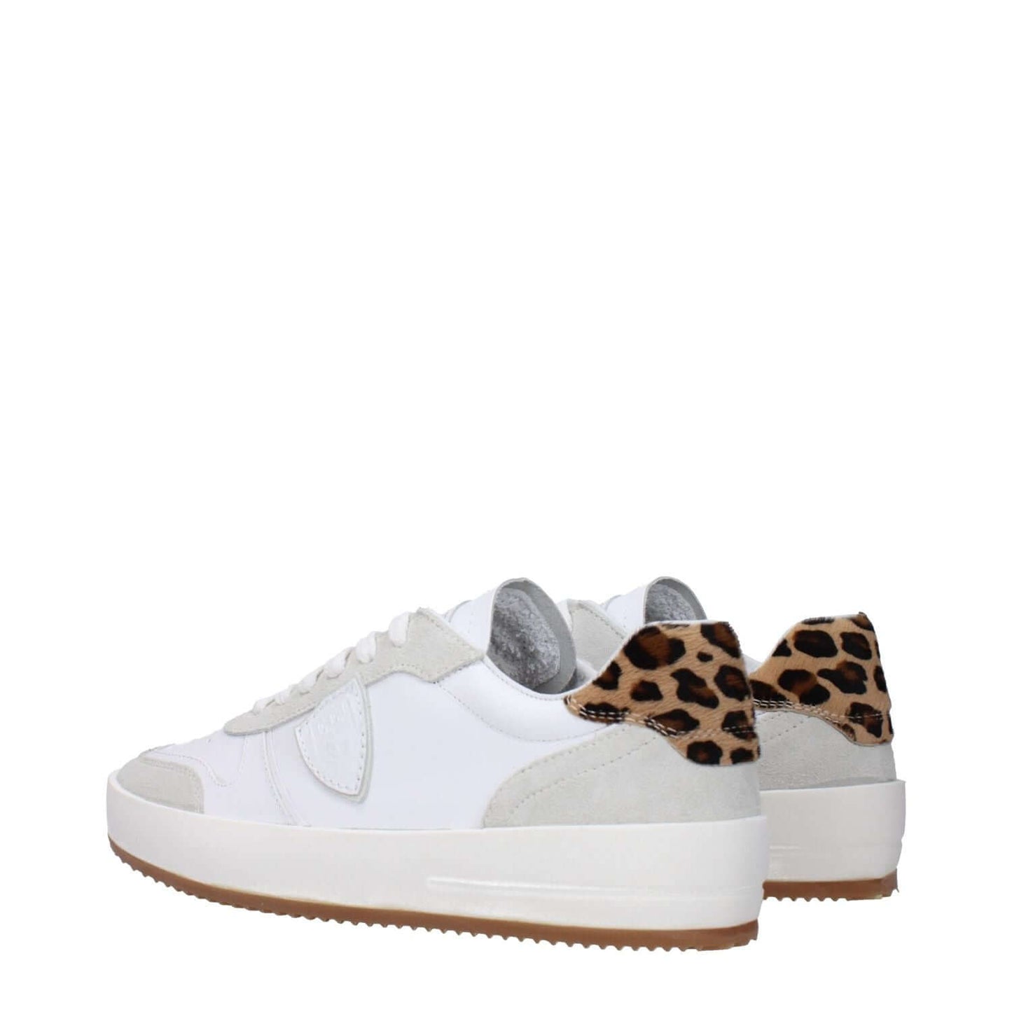 Philippe Model White Leather Low Top Sneakers with front logo and vintage effect, featuring leopard print heel detail. MPN VNLUVATB202, code F83322.