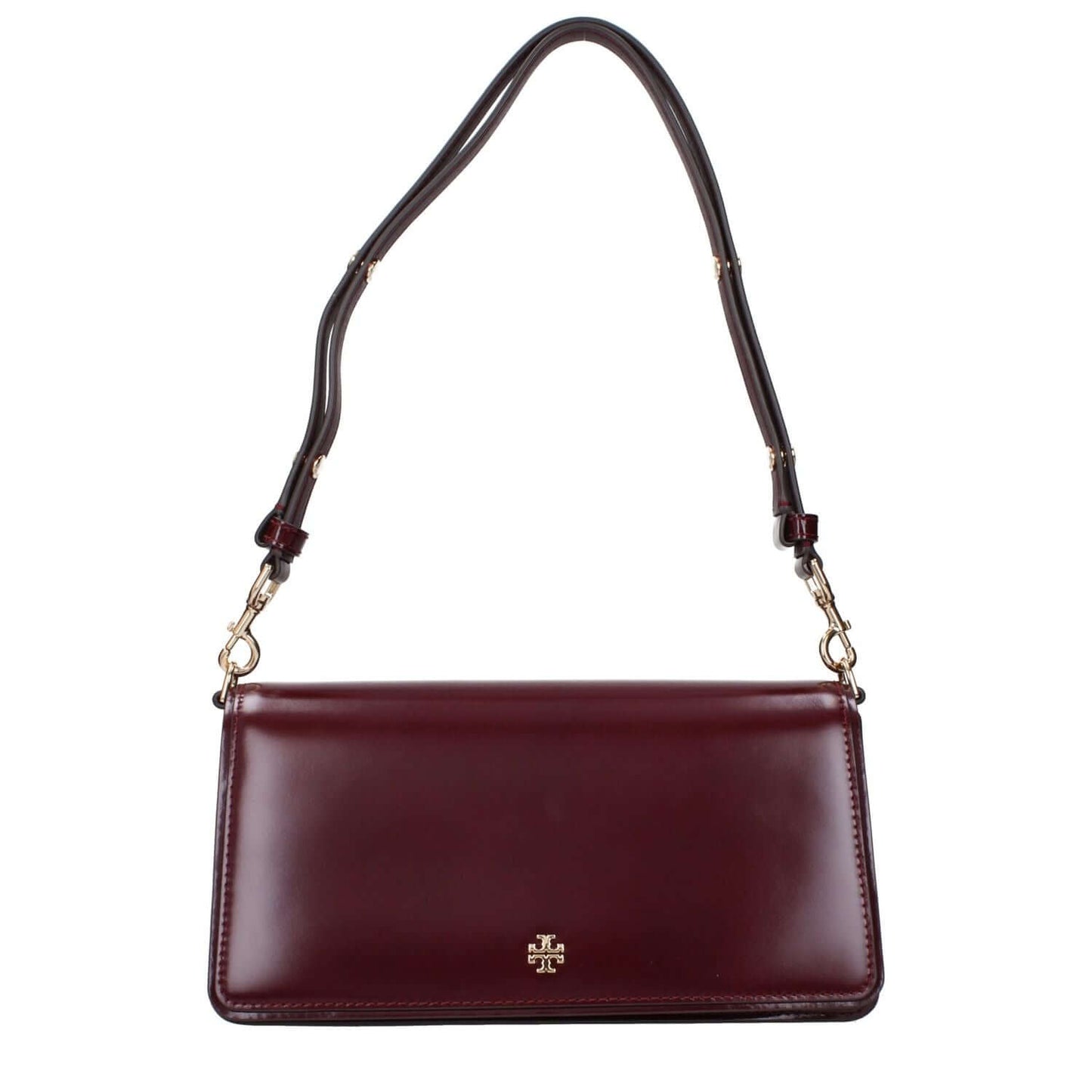 Tory Burch Red Leather Shoulder Bag with adjustable and removable handle, featuring front logo and divider inner pocket.
