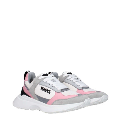 Versace White Fabric Sneakers with logos on front, side, and back, featuring a stylish design with pink and gray accents.