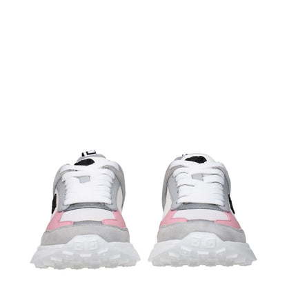 Versace White Fabric Sneakers with front, side, and back logos, MPN 10119411A086836W480. Stylish design in pink and grey accents.