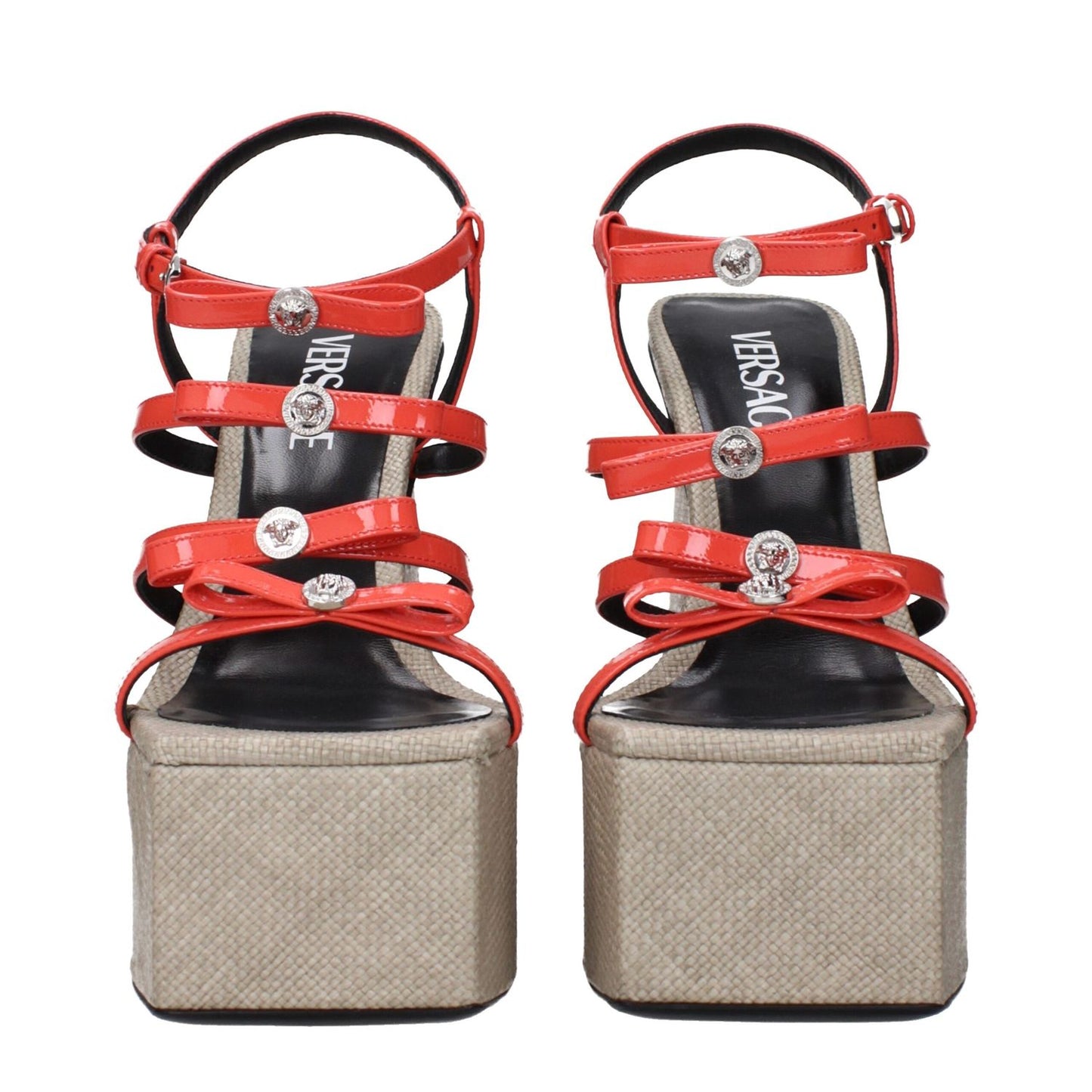 Versace Orange Leather Platform Sandals with patent leather, front logo, and high platform design.