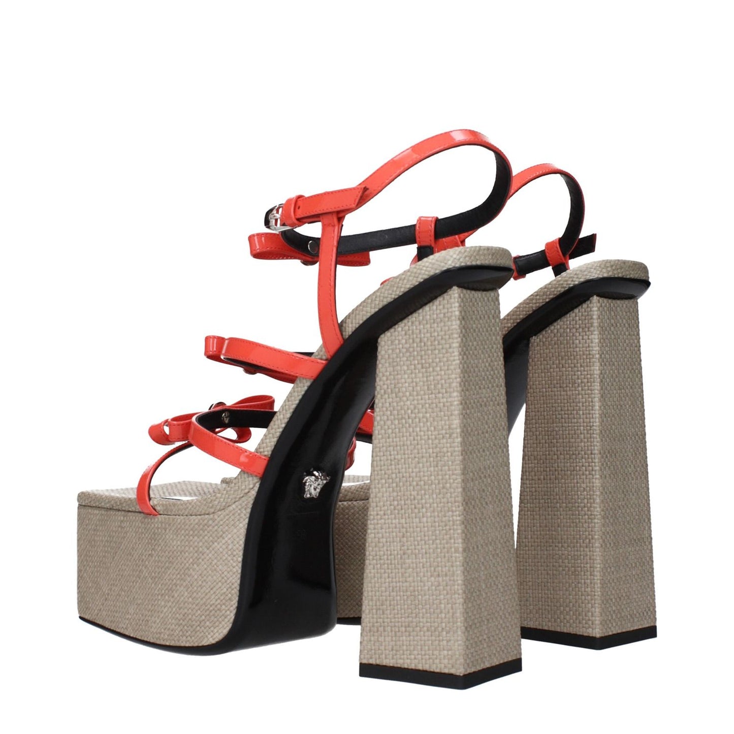 Versace Orange Leather Platform Sandals with patent leather and front logo, featuring a stylish platform heel design.