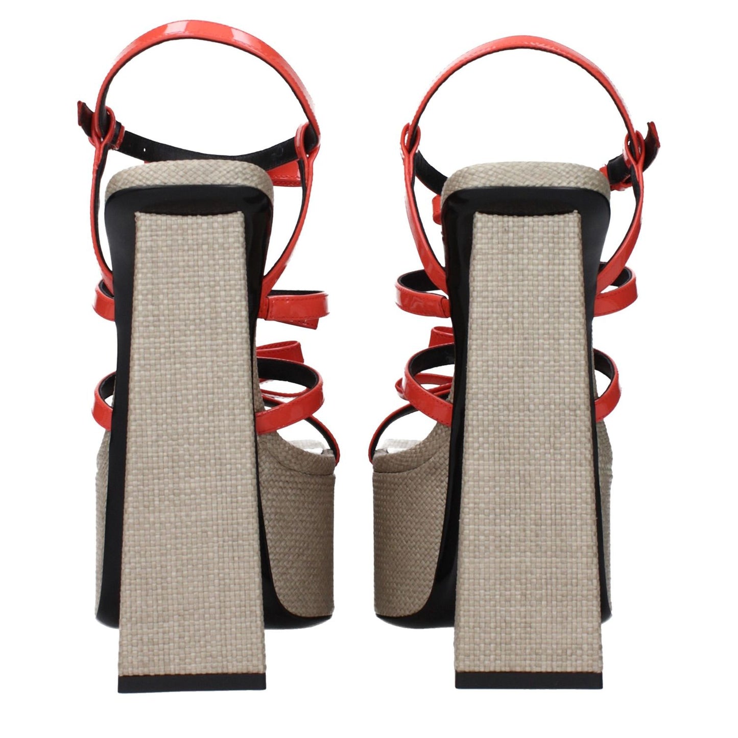 Back view of Versace Orange Leather Platform Sandals showing platform heels and patent leather straps with front logo detail.