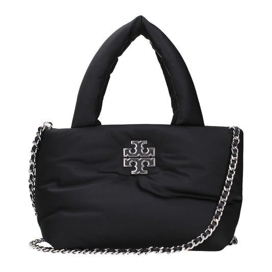 Tory Burch Black Fabric Handbag with front logo and chain strap, featuring adjustable and removable shoulder strap.