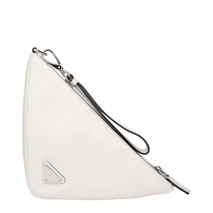 Prada White Leather Clutch Bag with front logo, removable handle, and edgy design showing intentionally distressed areas.