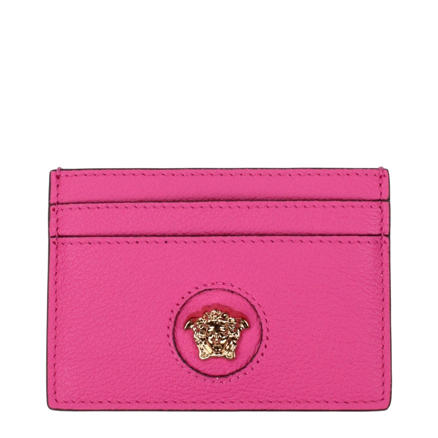 Versace Pink Leather Cardholder with gold logo accent, MPN 1008105DVIT2T1P86V, designed for luxurious style and functionality.