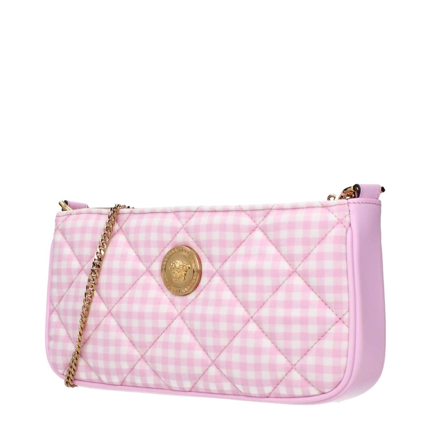 Versace Pink Fabric Shoulder Bag with gold front detail and chain strap, featuring quilted design and iconic emblem.