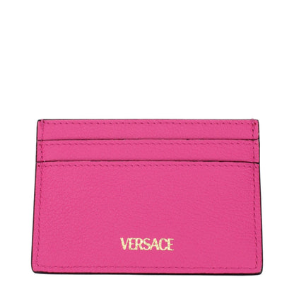 Versace Pink Leather Cardholder with fuchsia leather and back logo detail, MPN 1008105DVIT2T1P86V, perfect for stylish document holding.