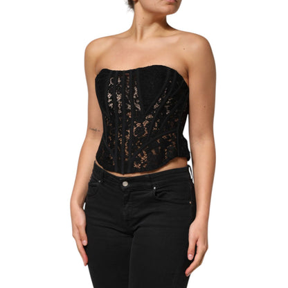 Dolce & Gabbana Black Strapless Floral Lace Bustier Cropped Top