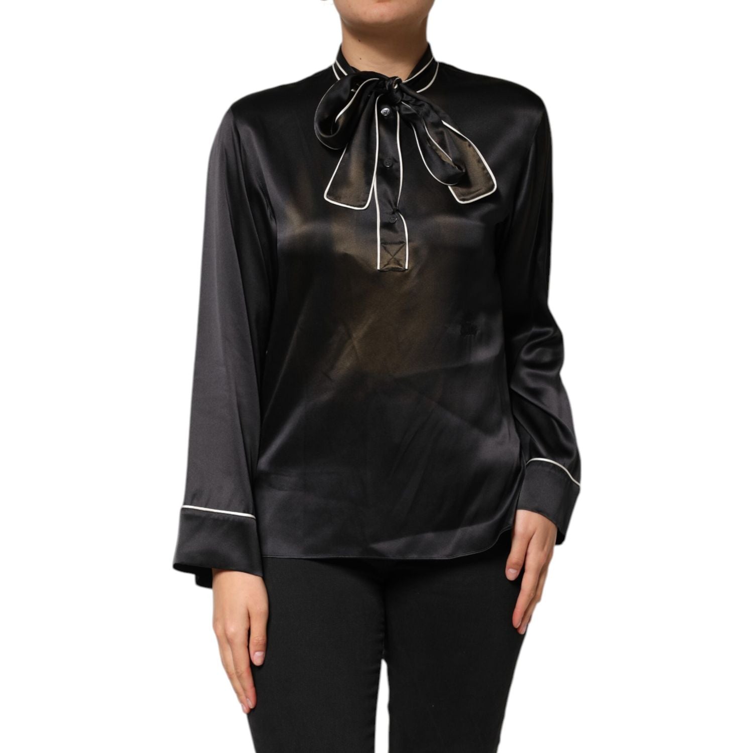Dolce & Gabbana Black Silk Ascot Collared Button Blouse Top