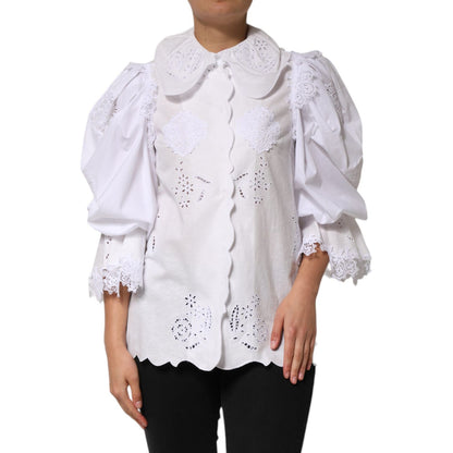 Dolce & Gabbana White Ruffled Lace Embellished Blouse Top