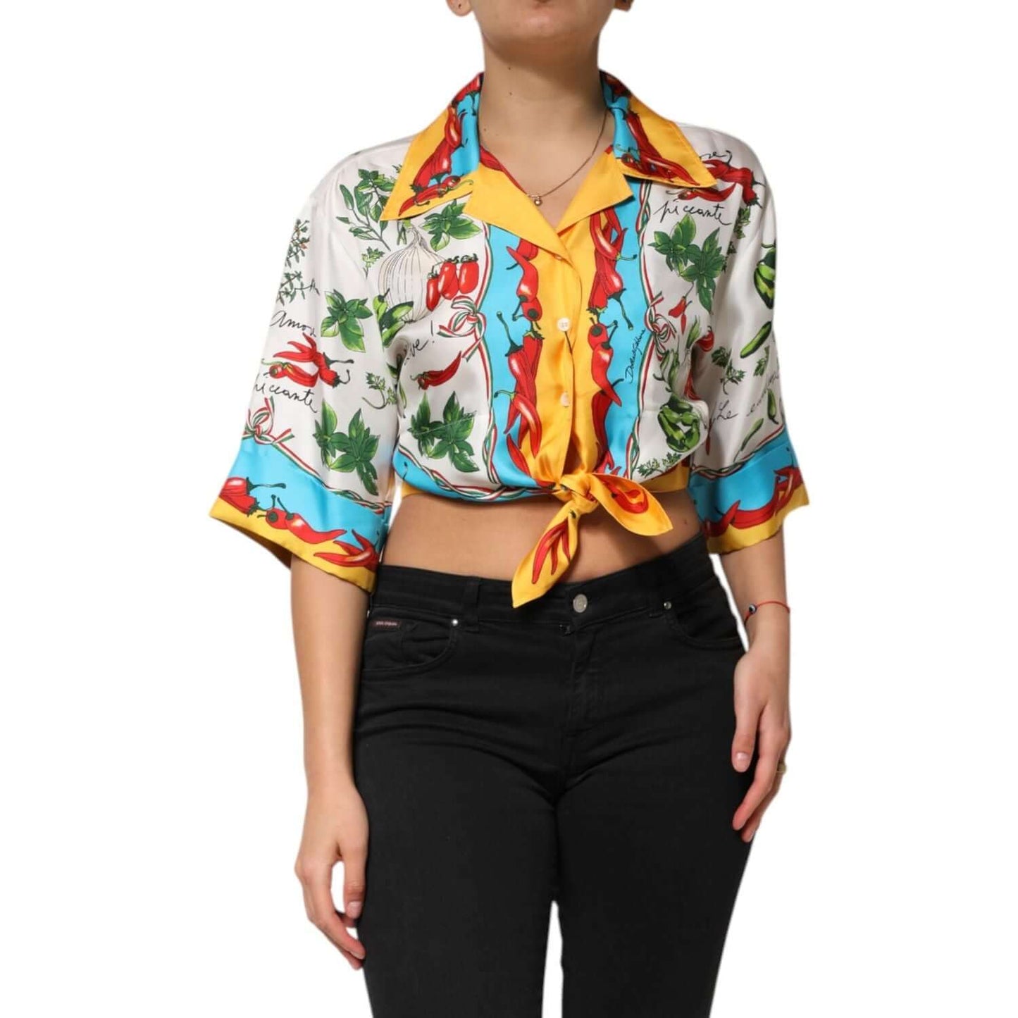 Dolce & Gabbana Multicolor Chili Silk Cropped Blouse Top TSH90655-36