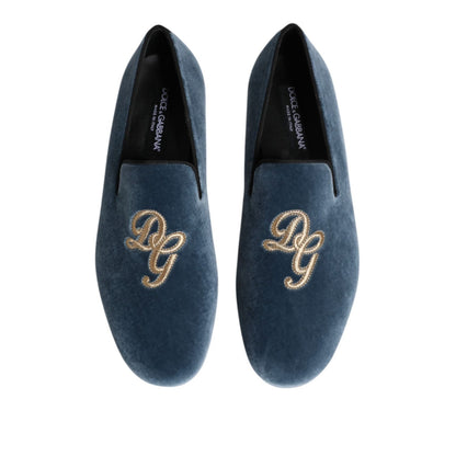 Dolce & Gabbana Blue Velvet DG Logo Loafers Formal Shoes
