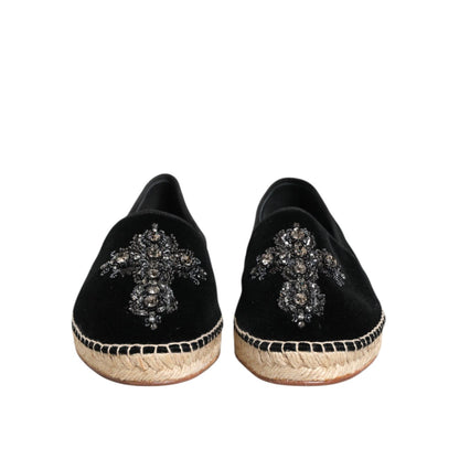 Dolce & Gabbana Black Cross Crystal Slip On Espadrille Shoes