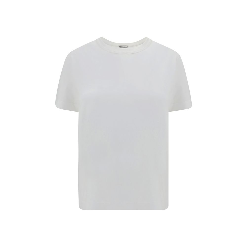 Brunello Cucinelli White Cotton T-Shirt with ribbed crew neck and jewel detail on back, elegant and versatile design for any occasion.