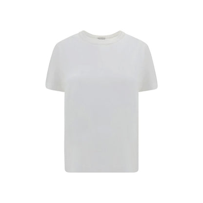Brunello Cucinelli White Cotton T-Shirt with ribbed crew neck and jewel detail on back, elegant and versatile design for any occasion.