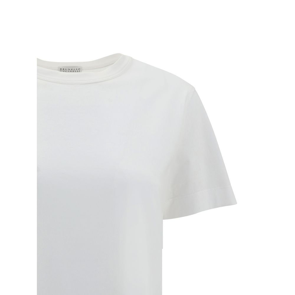 Brunello Cucinelli White Cotton T-Shirt with ribbed crew neck and jewel detail, elegant monochrome design.