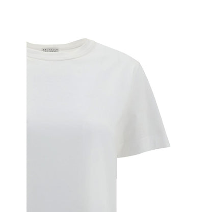 Brunello Cucinelli White Cotton T-Shirt with ribbed crew neck and jewel detail, elegant monochrome design.