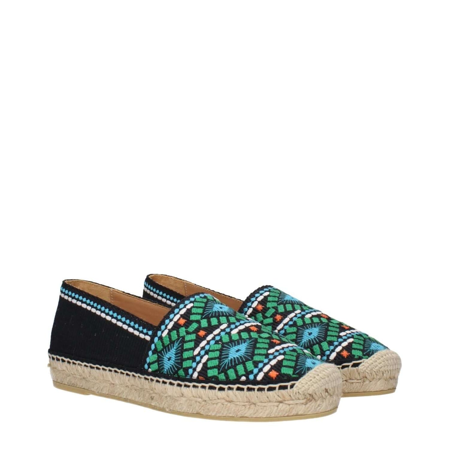 Prada Black Fabric Espadrilles with colorful print design displayed on white background.
