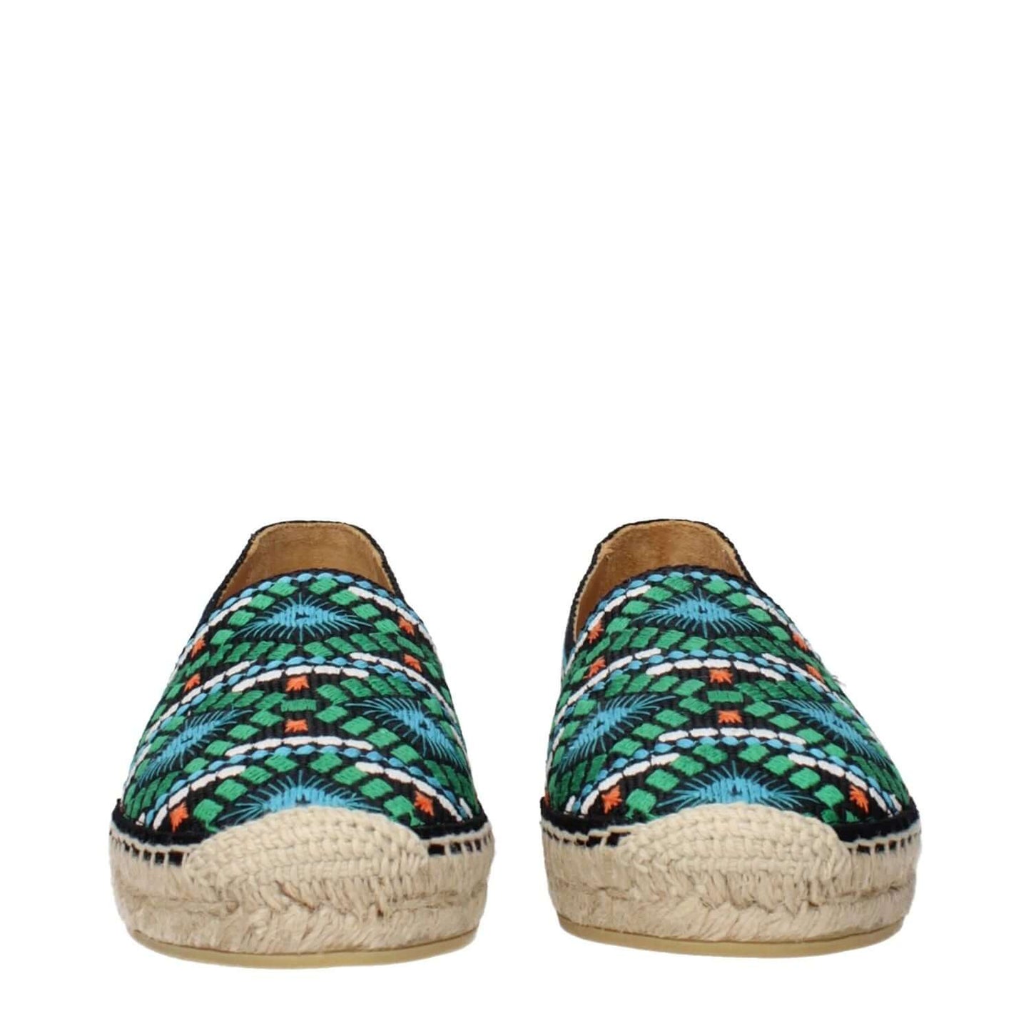 Prada Black Fabric Espadrilles with colorful print, front view.