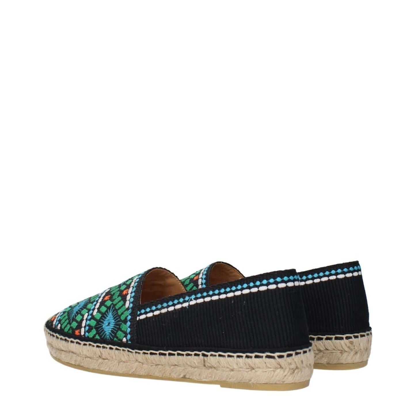 Prada Black Fabric Espadrilles with colorful print, back view. Fashionable and stylish shoes for casual wear.
