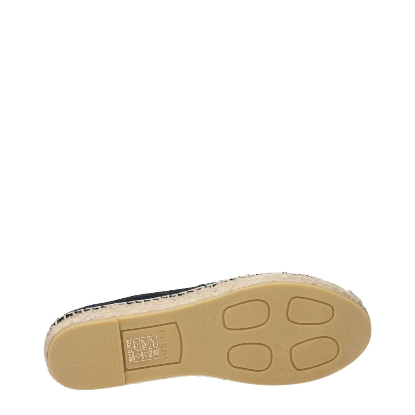 Sole view of Prada Black Fabric Espadrilles showcasing textured beige rubber sole.
