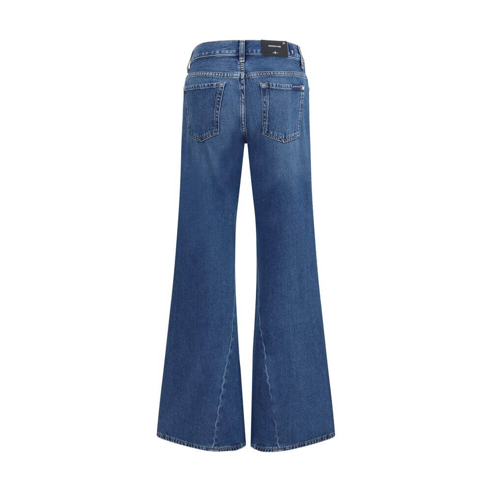 Back view of 7FOR Blue Cotton Flared Jeans with five-pocket design and slight flare, featuring dark blue denim and light shading.