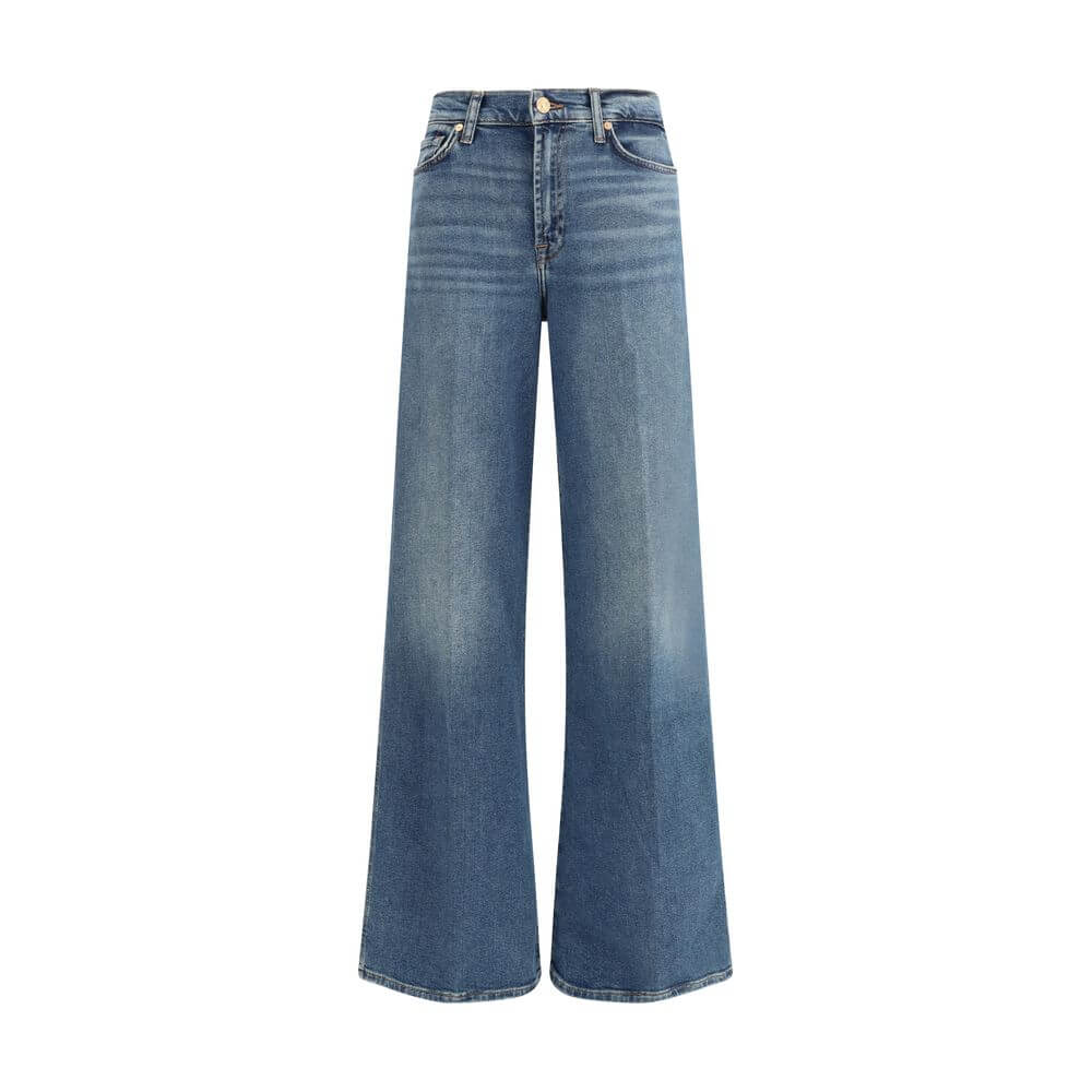 7FOR Blue Cotton Flared Jeans with high waist, vintage style, wide leg, five-pocket design, zipper closure, ideal for AW25 season.