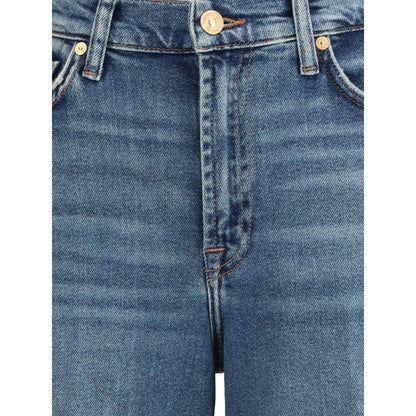 Close-up of 7FOR Blue Cotton Flared Jeans showcasing front zipper and button closure