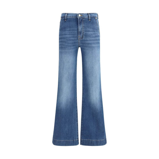 7FOR Blue Cotton Flared Jeans with front zipper, button closure, and patch pockets in a modern silhouette, ideal for contemporary looks.