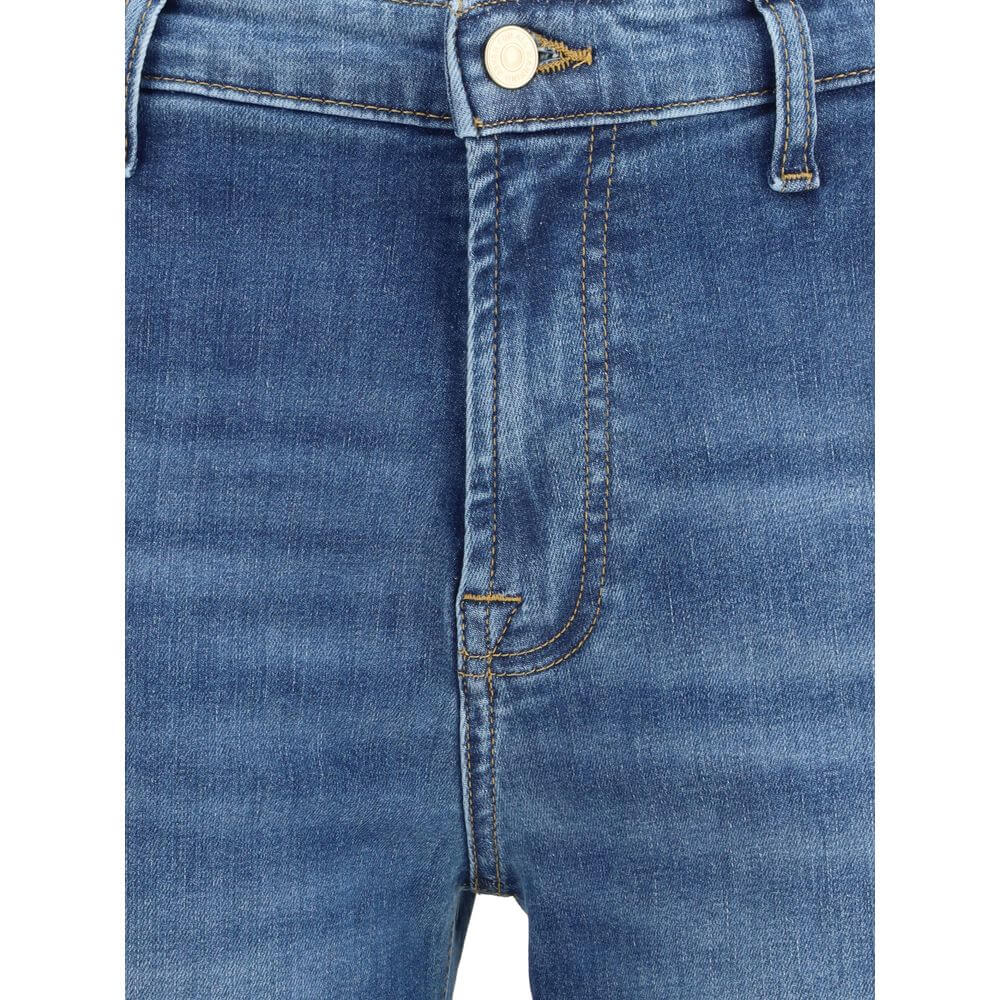 7FOR Blue Cotton Flared Jeans with front zipper and button closure, showcasing modern silhouette and waist loops.