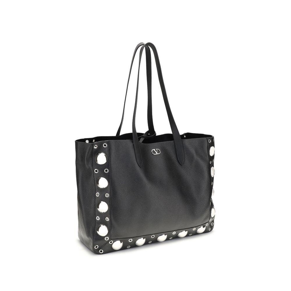 Valentino Garavani Black Calf Leather Bos Taurus Shoulder Bag with ball studs and rivets, featuring Signature VLogo and palladium-finish metal parts